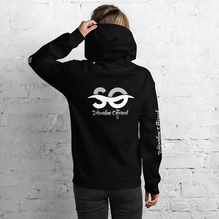 A person wearing a stylish black hoodie featuring the 'Shoreline Offroad' logo on the back. This piece of off-road apparel is part of our Official Merchandise collection, perfect for outdoor enthusiasts.