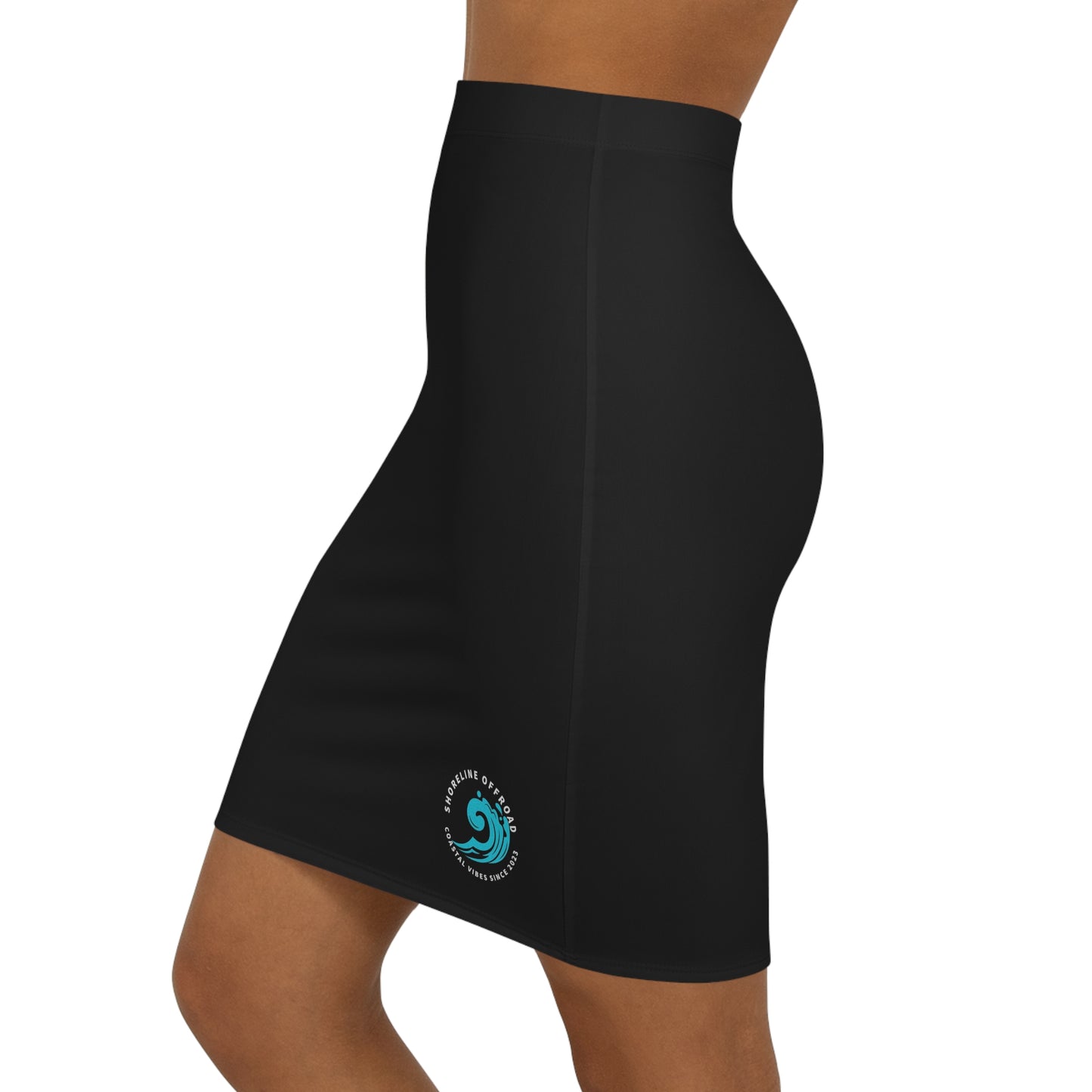a woman wearing a black skirt with a blue logo on the side