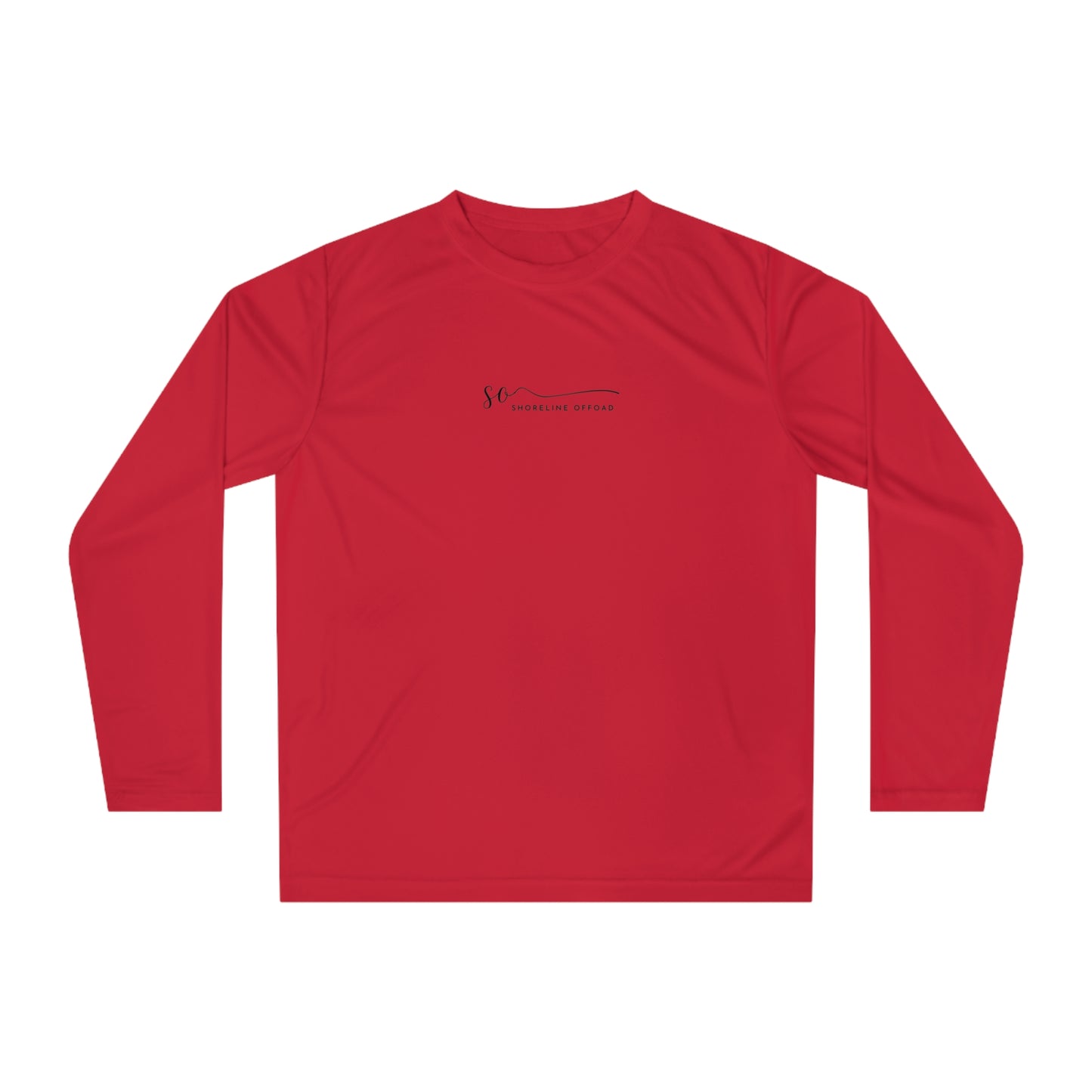 a red long - sleeved shirt with a black logo on the chest
