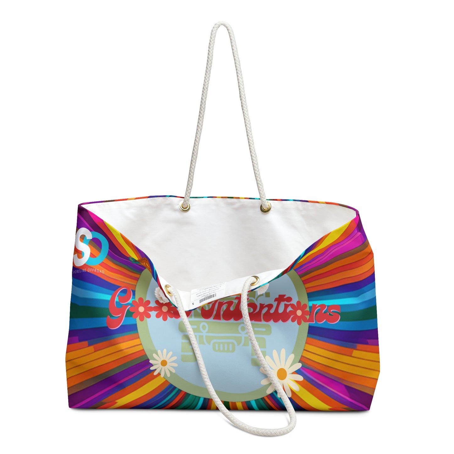 a multicolored bag with a white handle on a white background