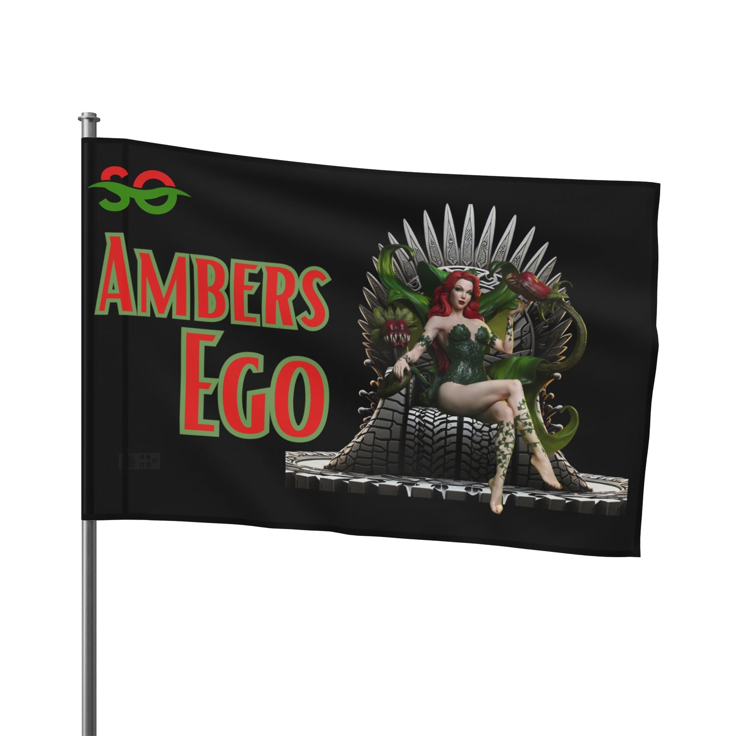 a black flag with a picture of a woman sitting on a iron throne