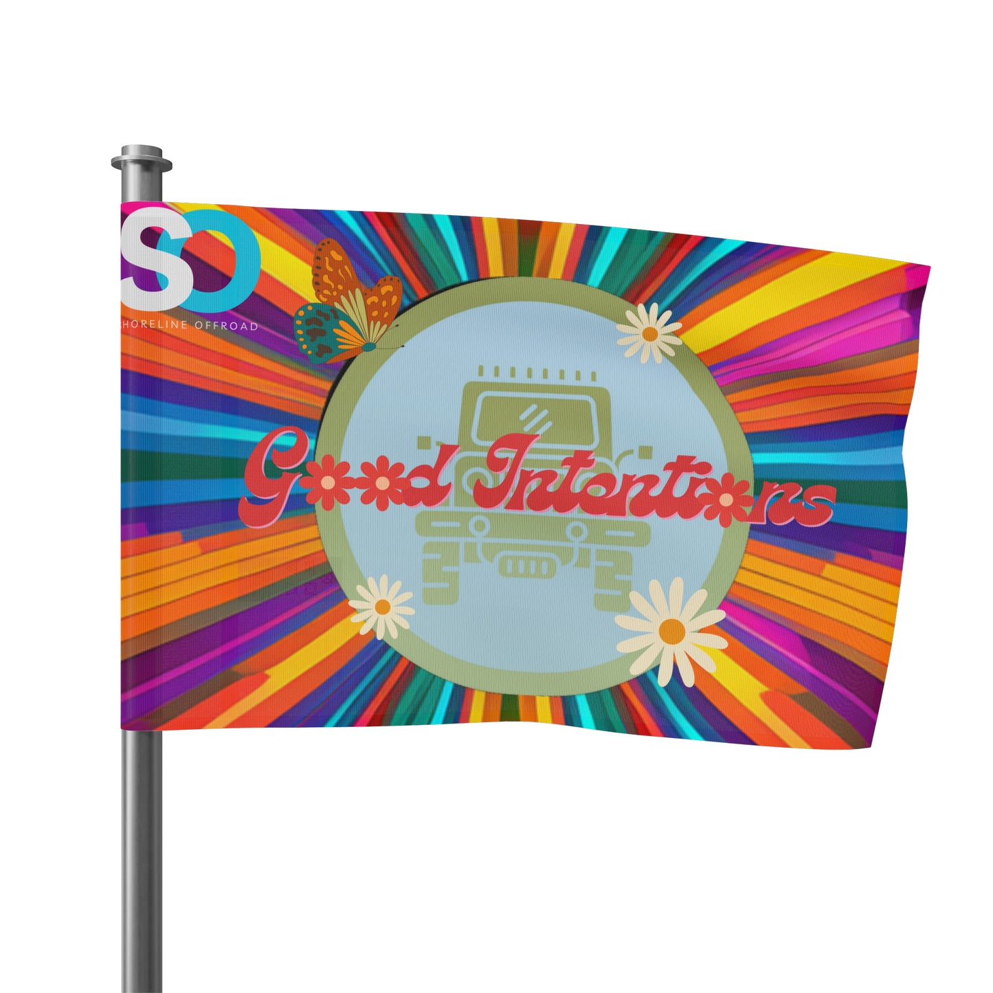 a colorful flag with a logo on it