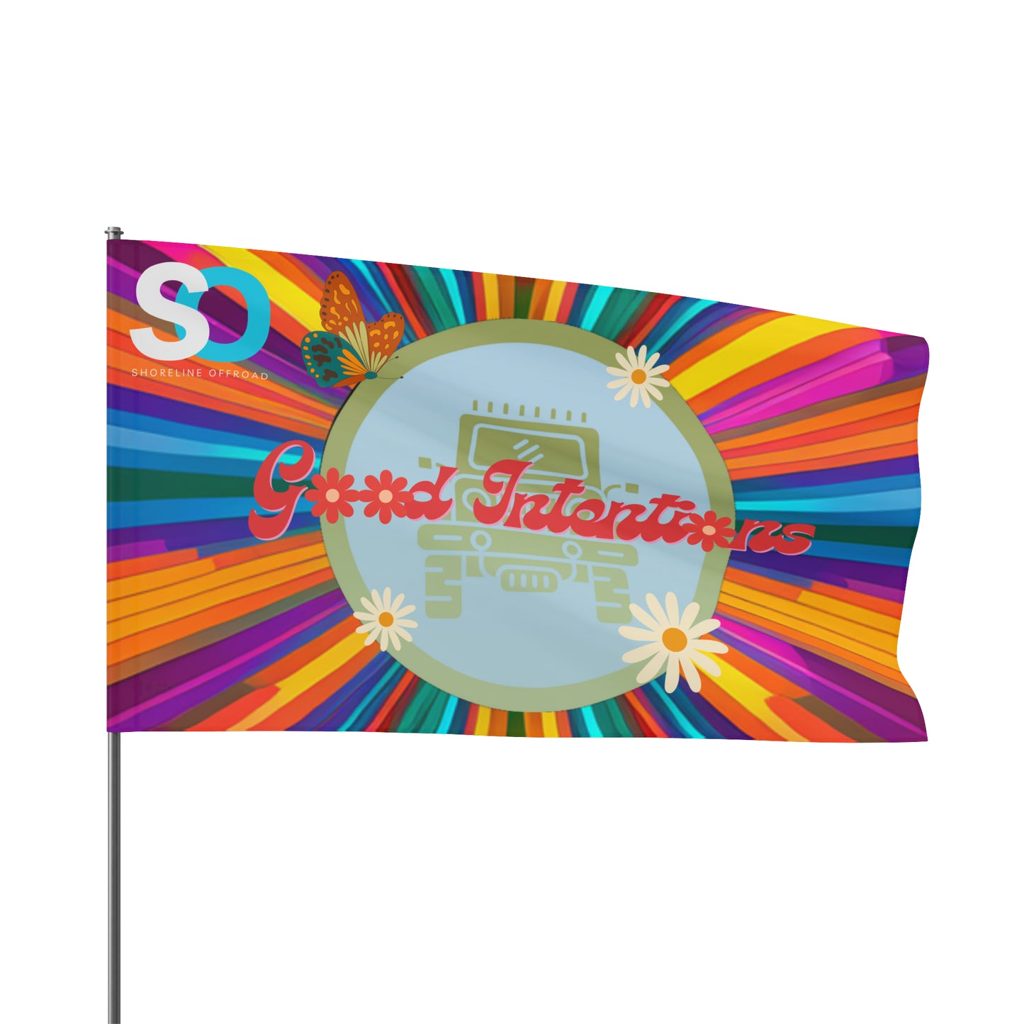 a colorful flag with a logo on it