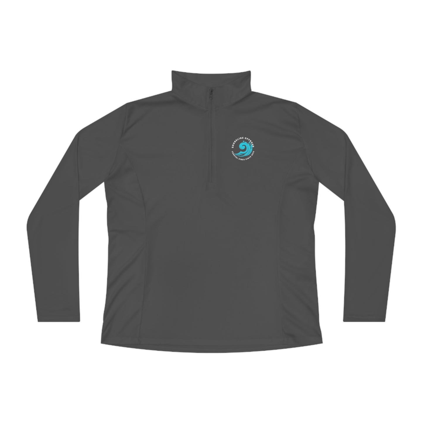 a gray shirt with a blue and white logo on it