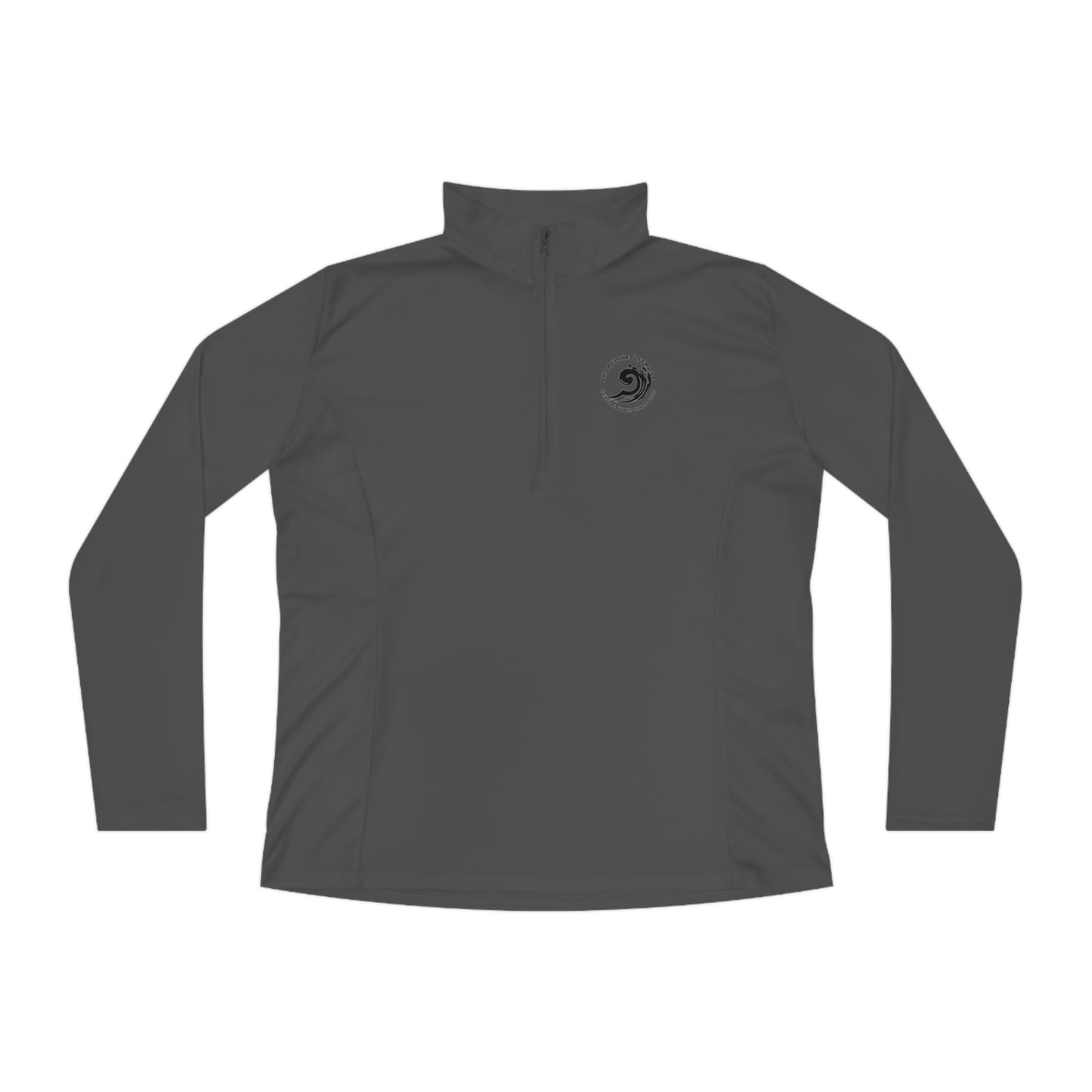 a gray shirt with a black logo on the chest