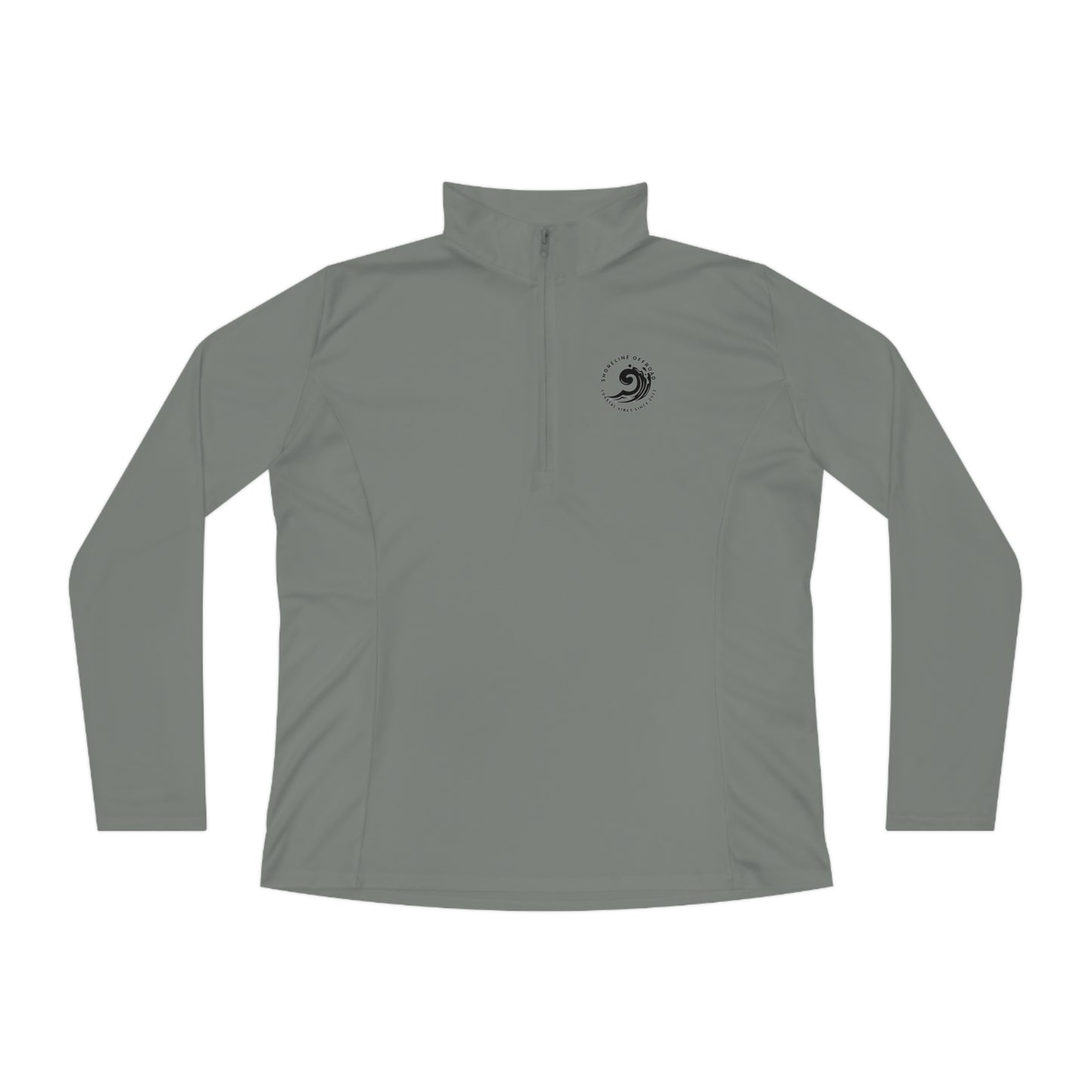 a gray shirt with a black logo on the chest