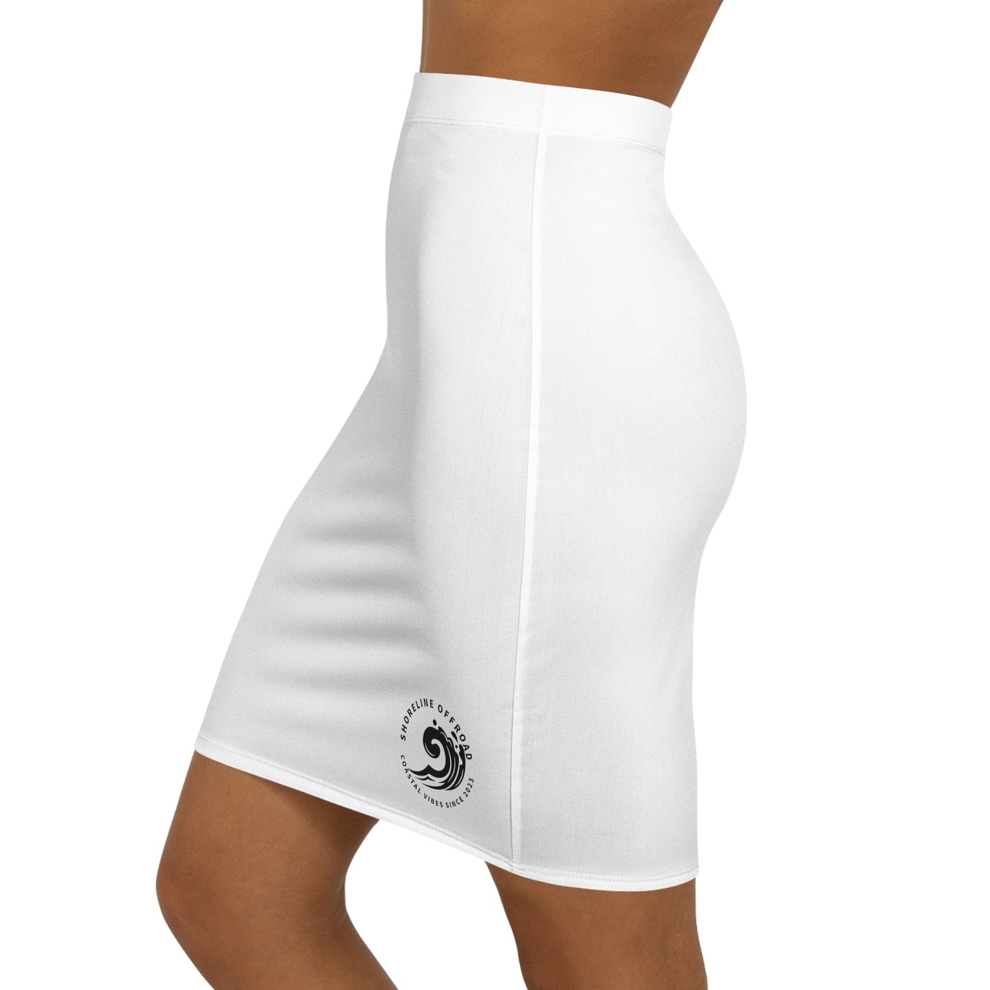a woman wearing a white skirt with a black logo on the side