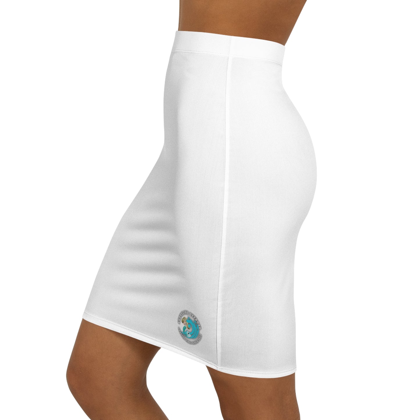 a woman wearing a white skirt with a blue emblem on the side