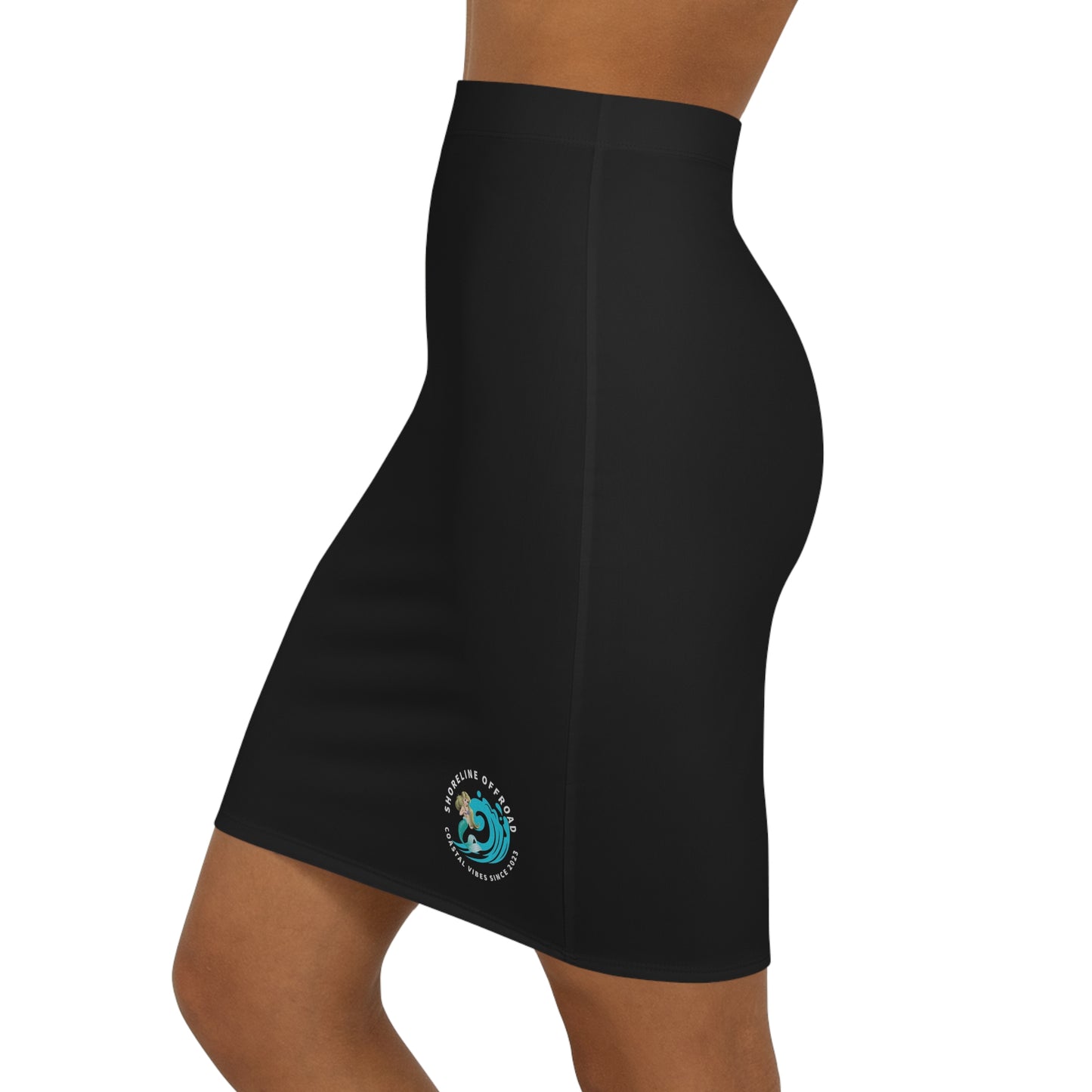 a woman wearing a black skirt with a logo on the side