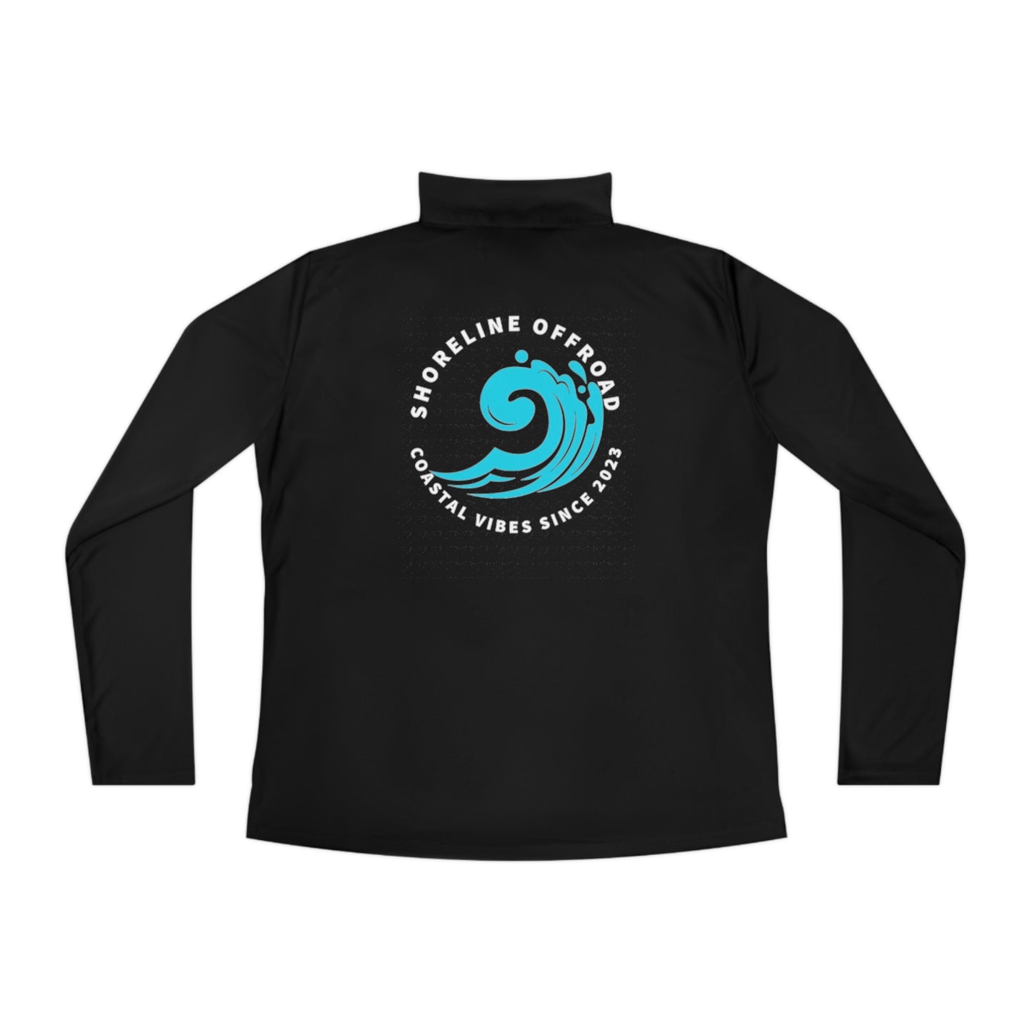 the back of a black shirt with a blue wave on it
