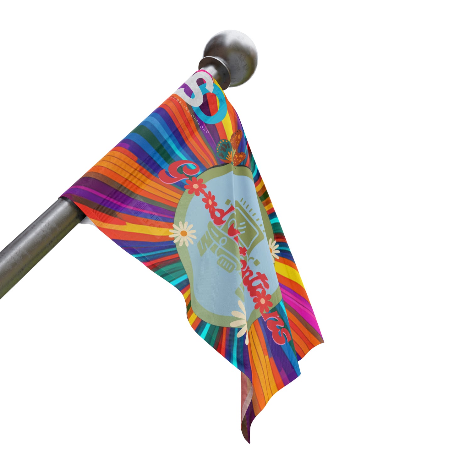 a colorful flag hanging from a metal pole