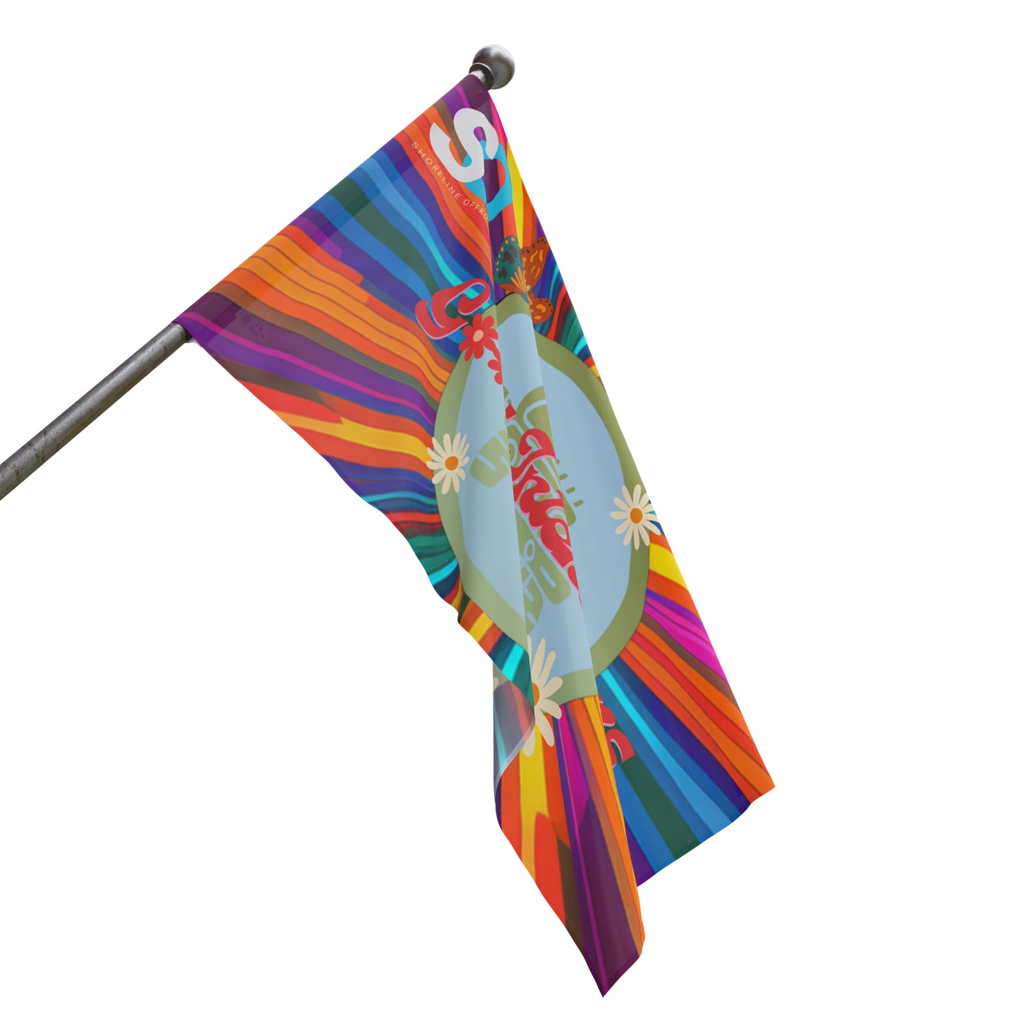 a colorful kite flying in the air on a white background