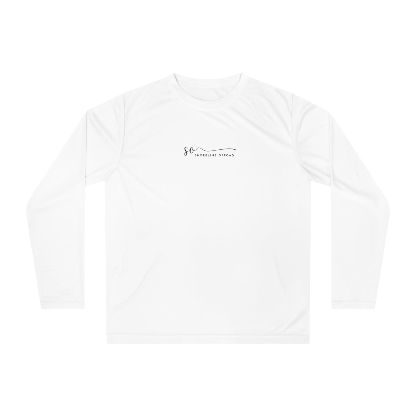 a white long - sleeved shirt with a black and white logo