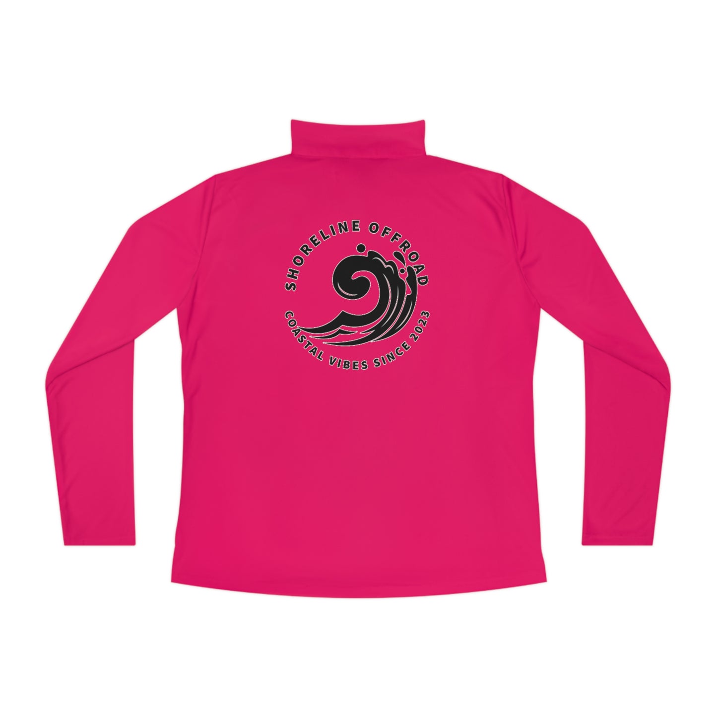 a pink shirt with a black and white logo