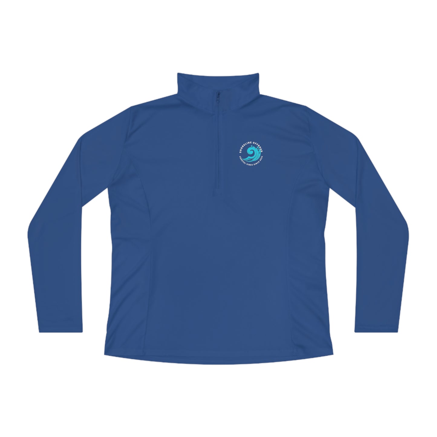 a blue shirt with a white logo on it