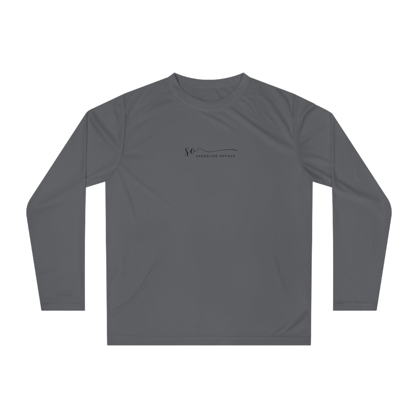 a gray long sleeve shirt with a black logo on the chest