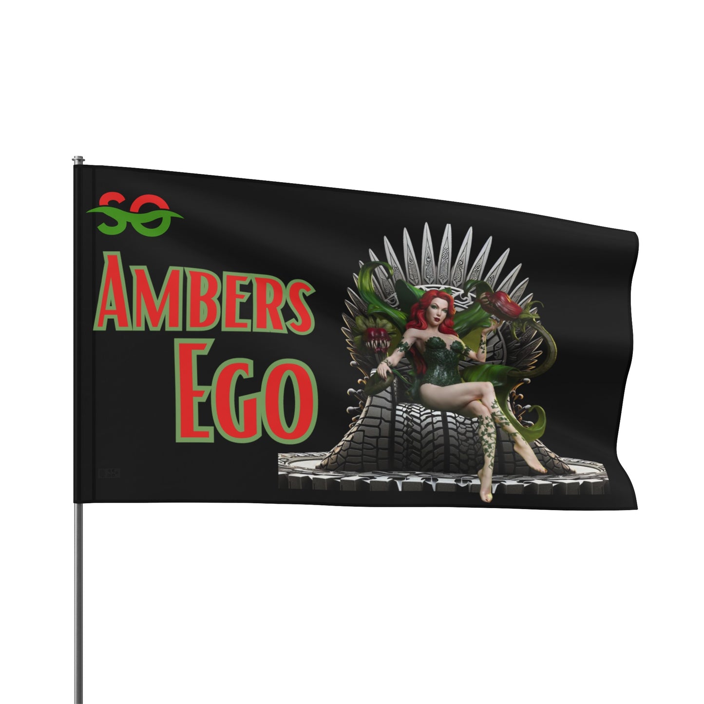 a black flag with a woman sitting on a iron throne