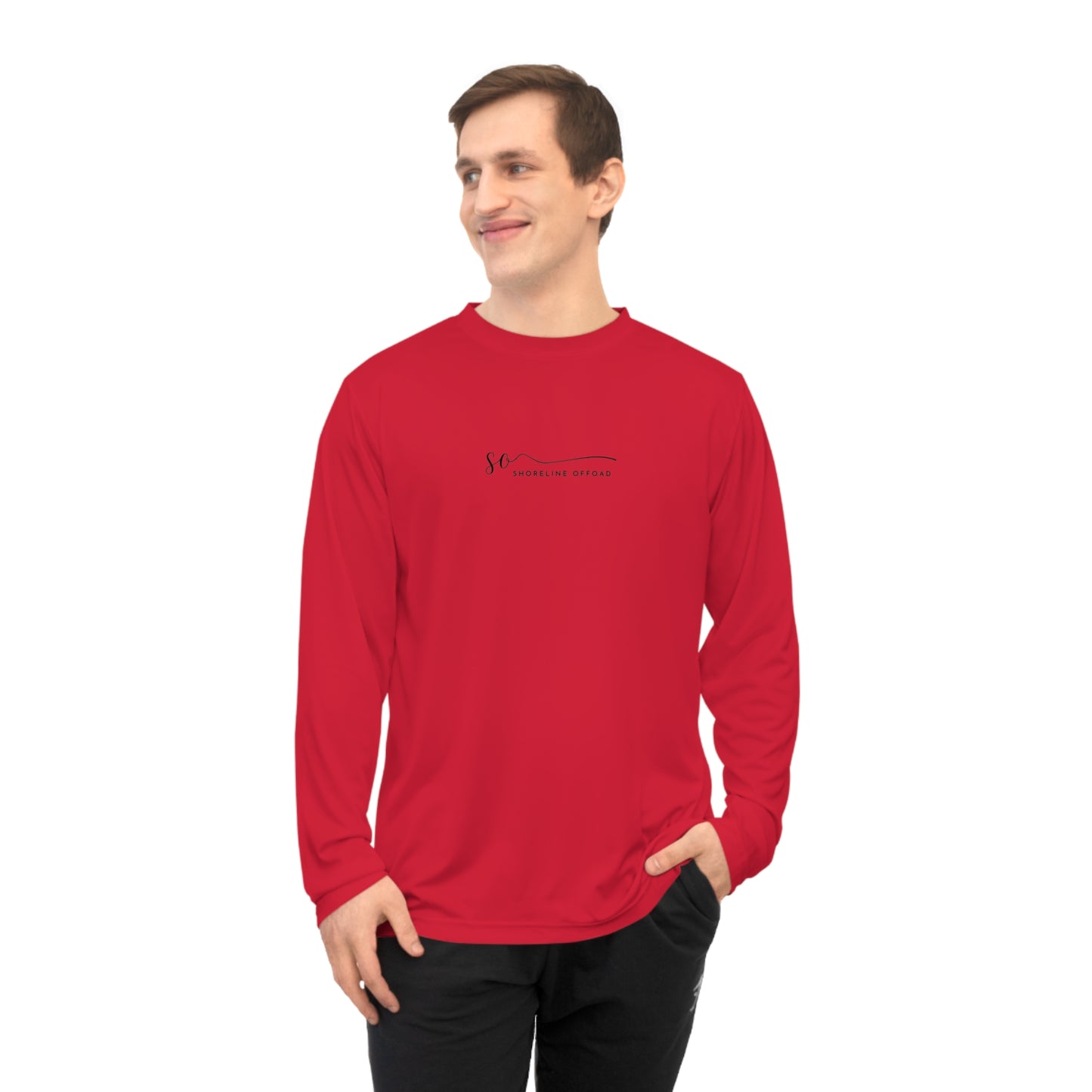 a man wearing a red long sleeve shirt