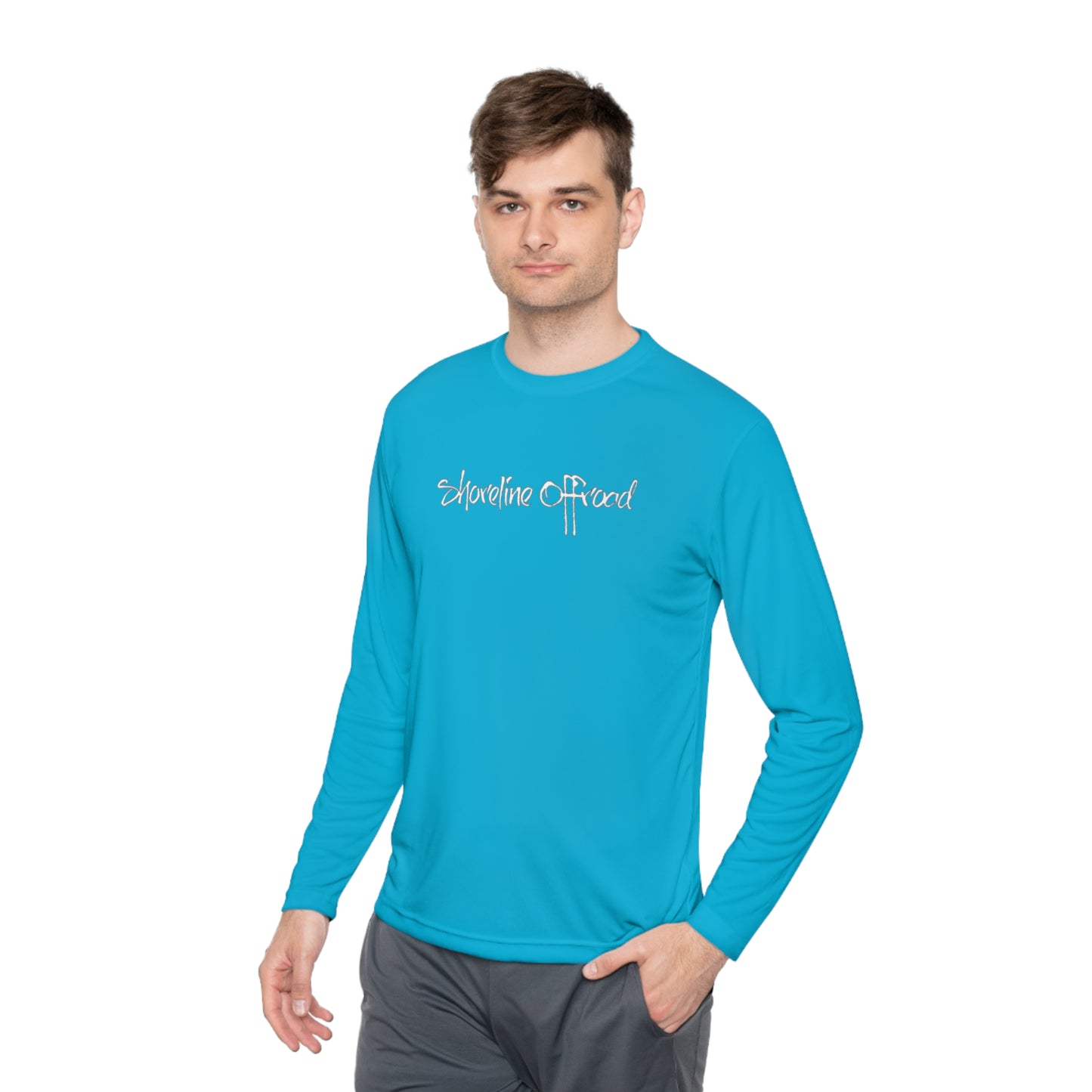 a man wearing a blue long sleeve shirt