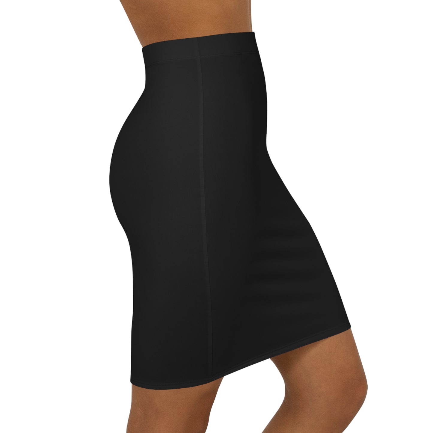 a woman wearing a black skirt with a high waist