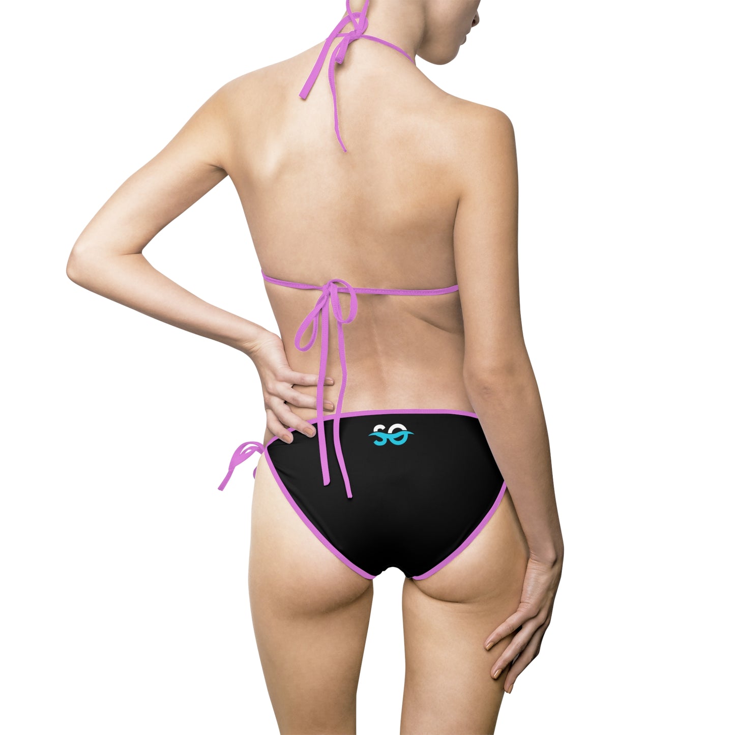 a woman in a black and pink bikini bottom