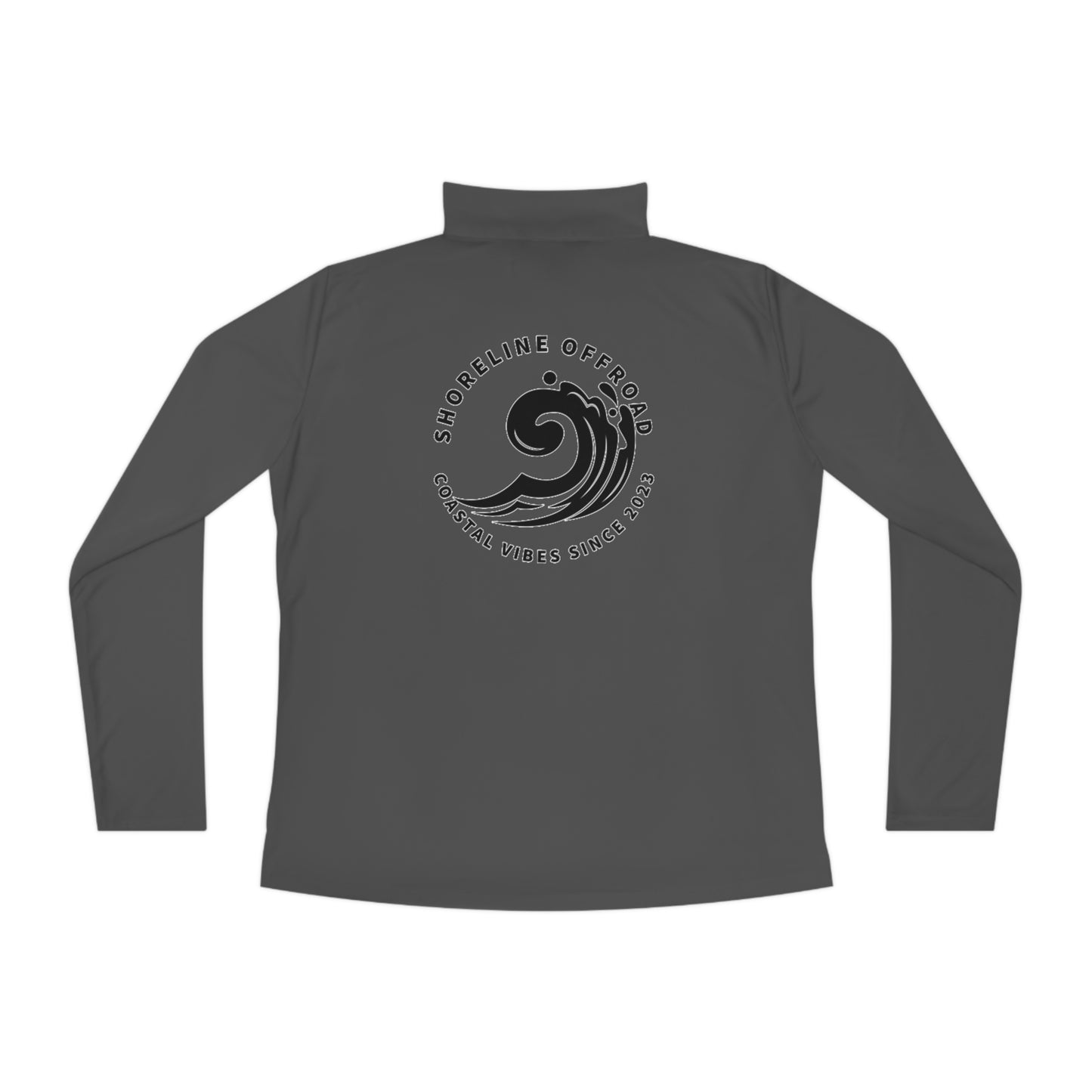 the back of a gray shirt with a white logo on it