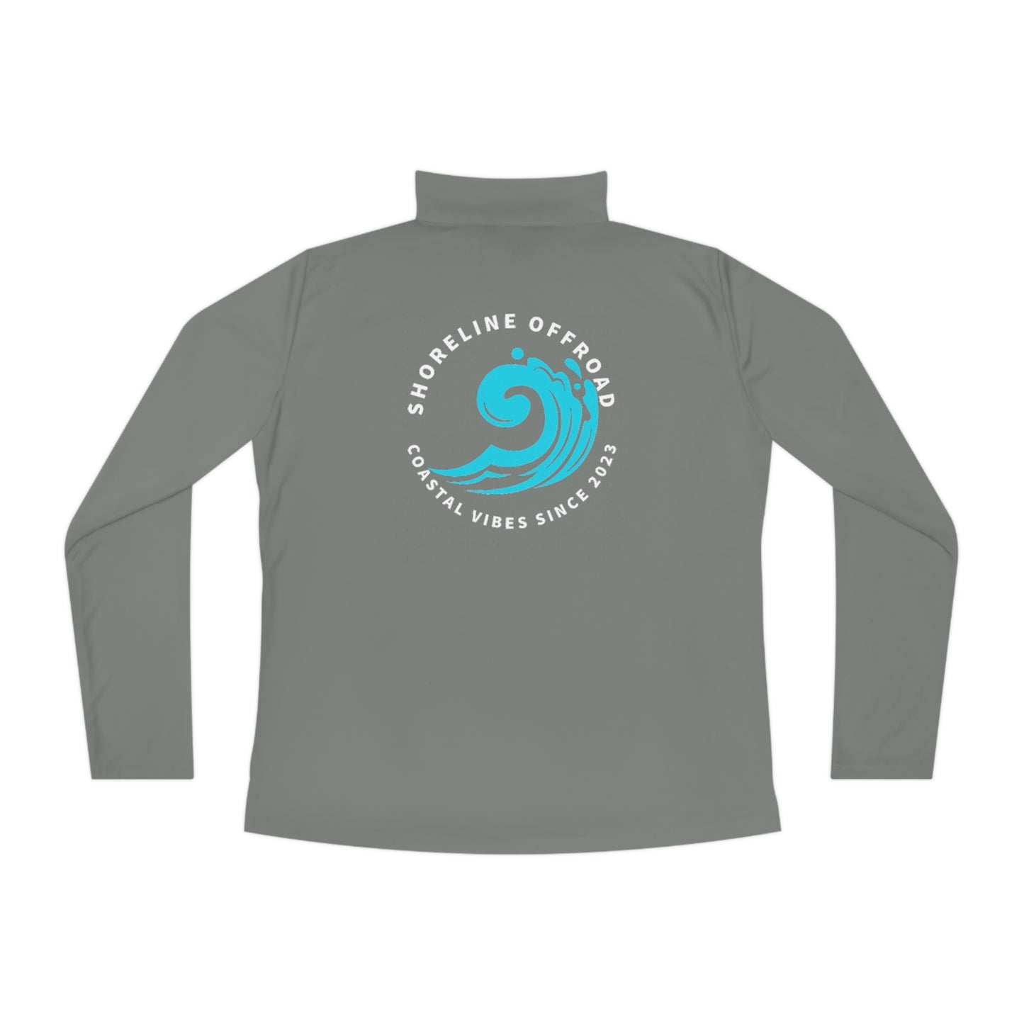 the back of a gray shirt with a blue wave on it