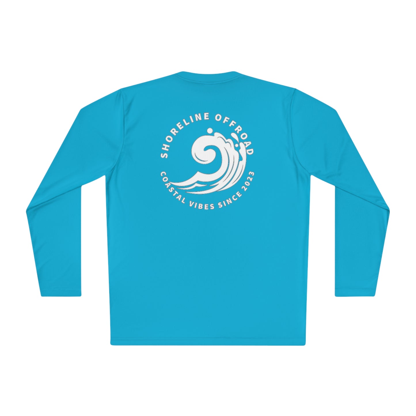 a blue long sleeve shirt with a white logo on the chest