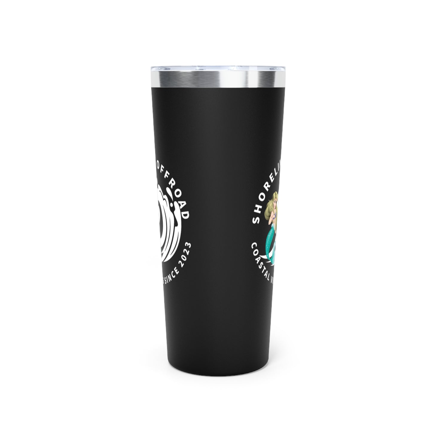 a black tumbler cup with a white lid