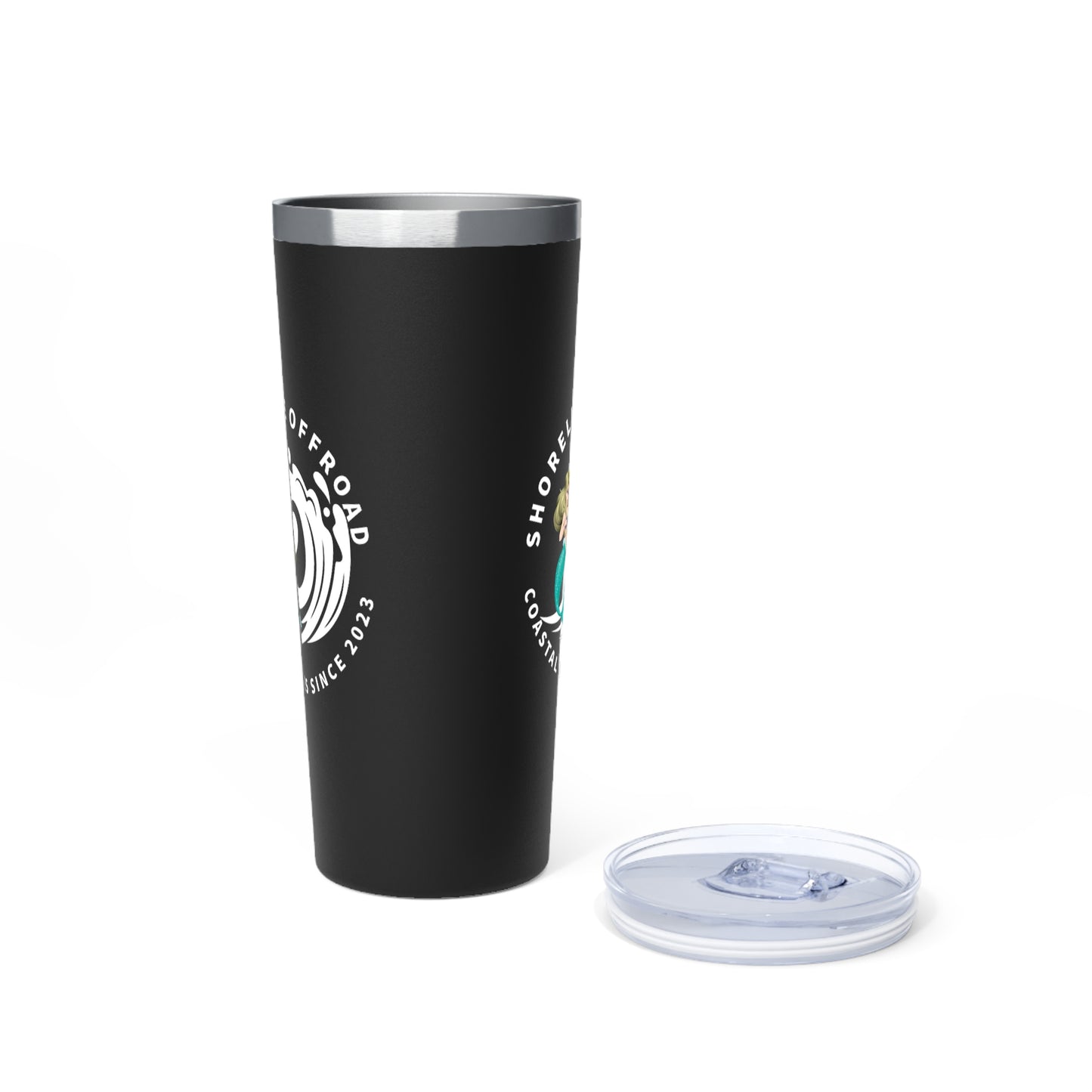 a black tumbler cup next to a plastic lid