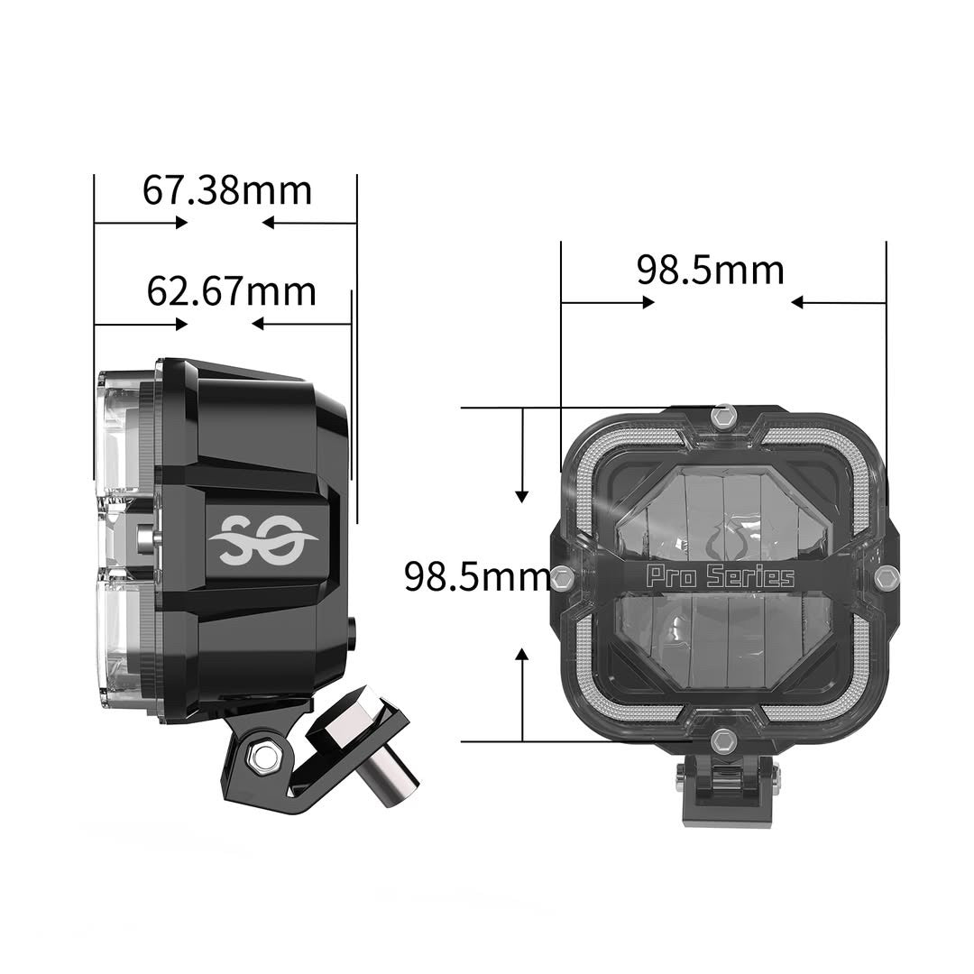 Detailed specifications of the Shoreline Offroad Pro Series Bright White LED 4” Pods with Amber DRL, showcasing dimensions and design factors of the lighting accessories. These versatile offroad lights are designed as compact pod lights, offering efficient performance and robust construction.