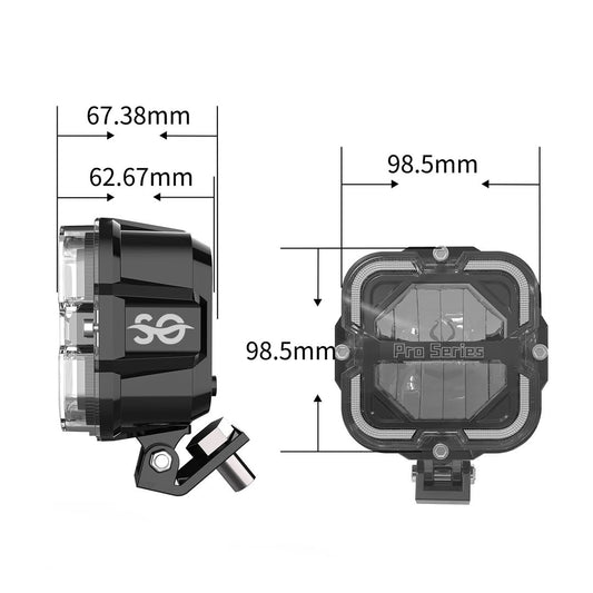 Detailed specifications of the Shoreline Offroad Pro Series Bright White LED 4” Pods with Amber DRL, showcasing dimensions and design factors of the lighting accessories. These versatile offroad lights are designed as compact pod lights, offering efficient performance and robust construction.