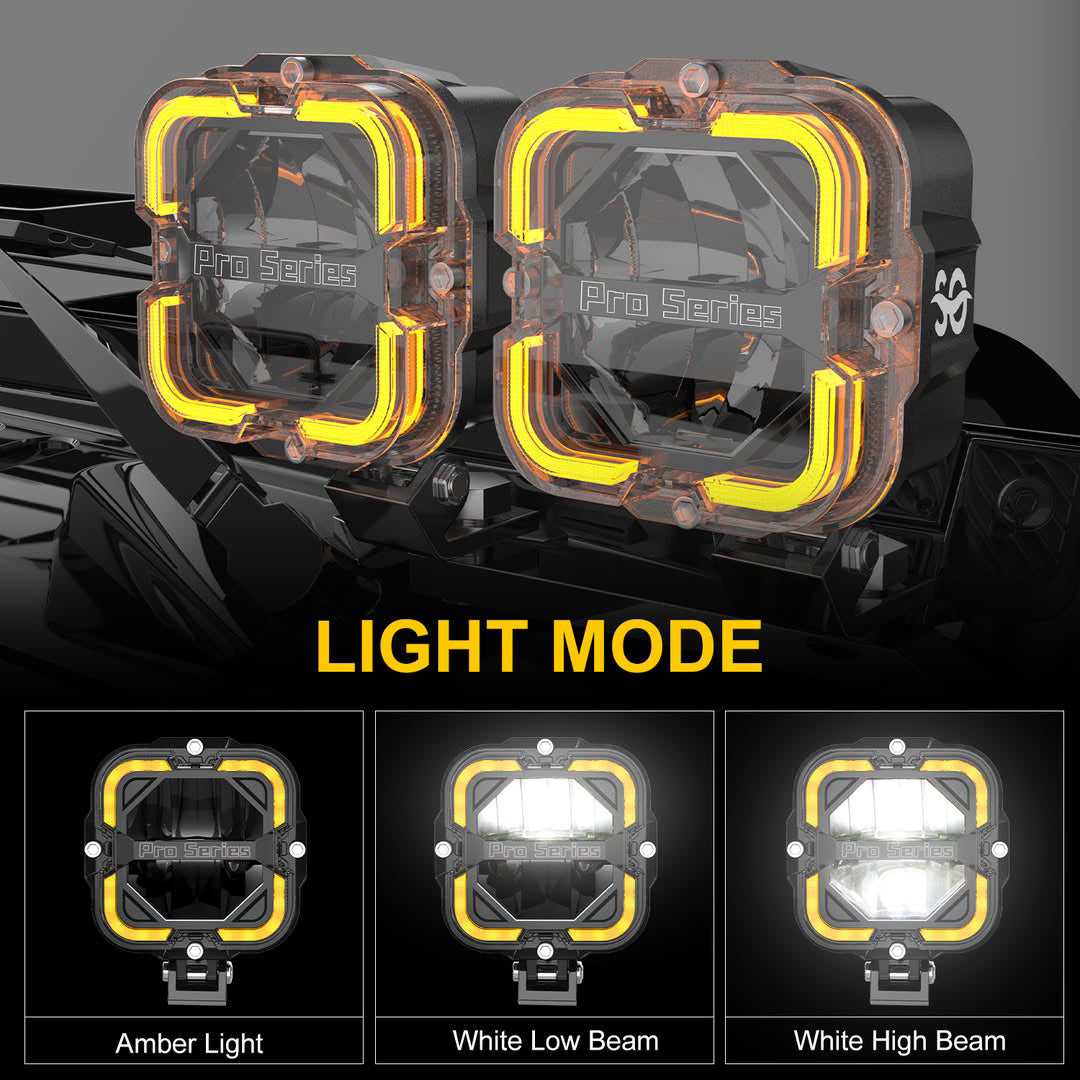 The Shoreline Offroad Pro Series Bright White LED 4” Pods with Amber DRL in action, showcasing different lighting modes including amber light, white low beam, and white high beam. These powerful offroad lights are perfect for anyone looking to enhance their vehicle's lighting accessories with Bright white illumination.