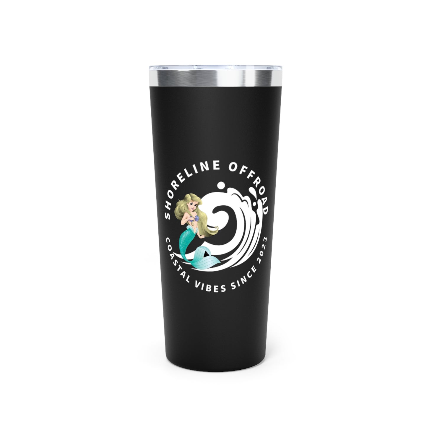 a black tumbler cup with a logo on it