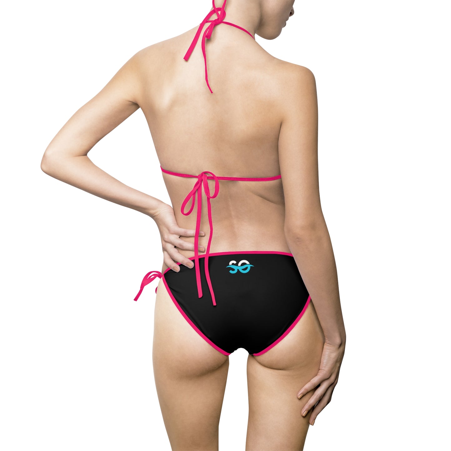 a woman in a black and pink bikini bottom