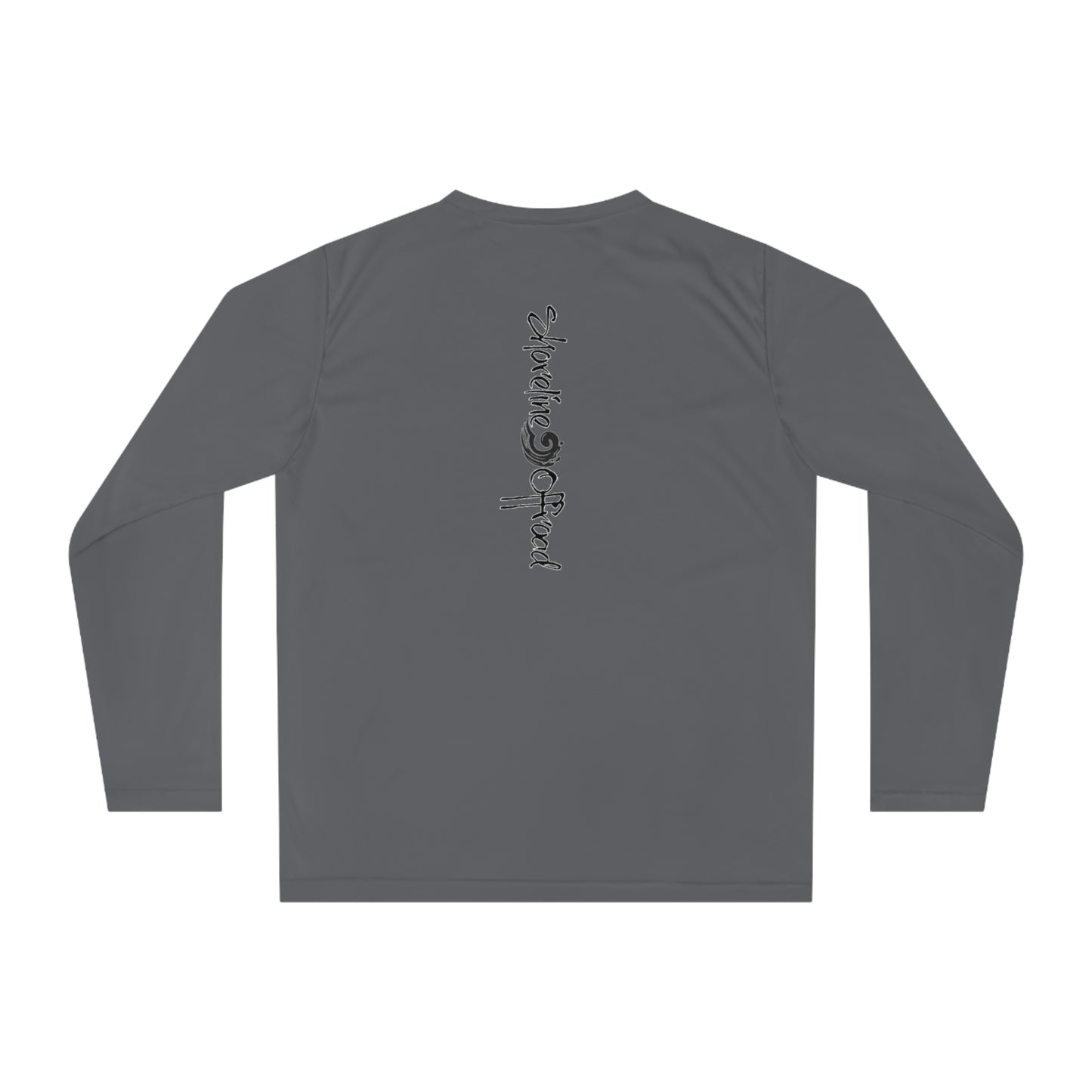 the back of a gray long - sleeved shirt with writing on it