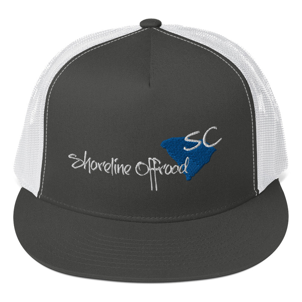 a black and white trucker hat with a blue bird embroidered on the front