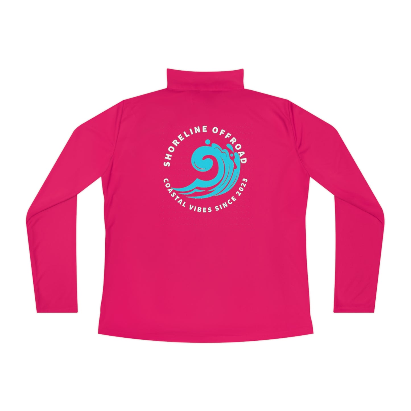 a women's pink long sleeve shirt with a blue wave on it