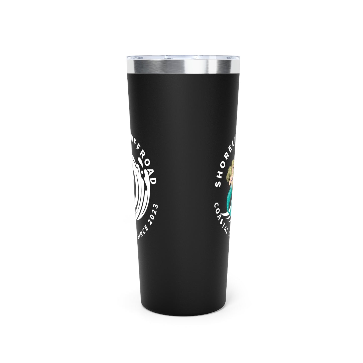 a black tumbler cup with a white lid