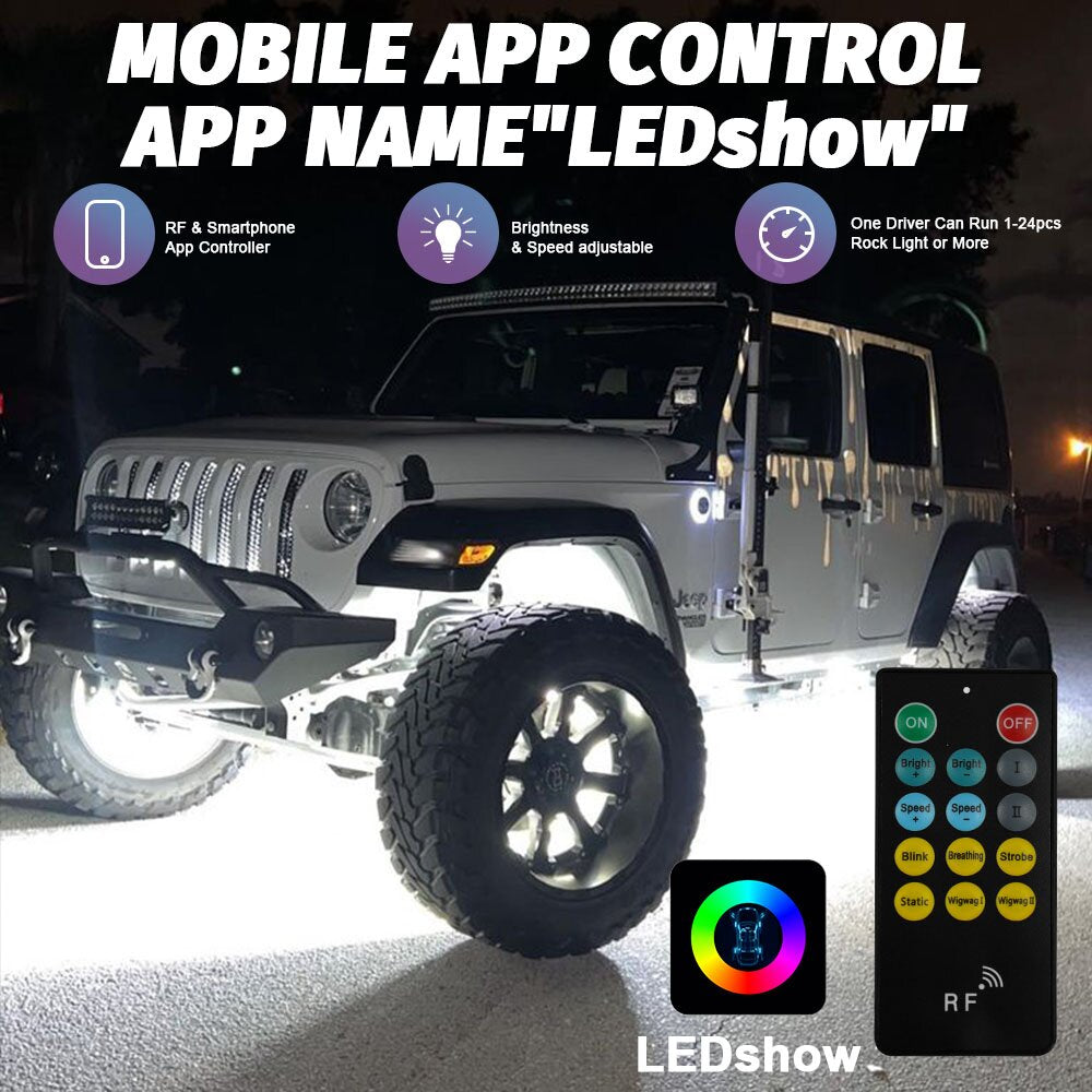 Bright white illumination from Shoreline Offroad Pro Series Pure White 10 Row Wheel Lights enhances the look of off-road vehicles. Perfect for JL and JT models, these lighting accessories provide a striking upgrade with their ultra white glow, making them essential for off-roading enthusiasts.