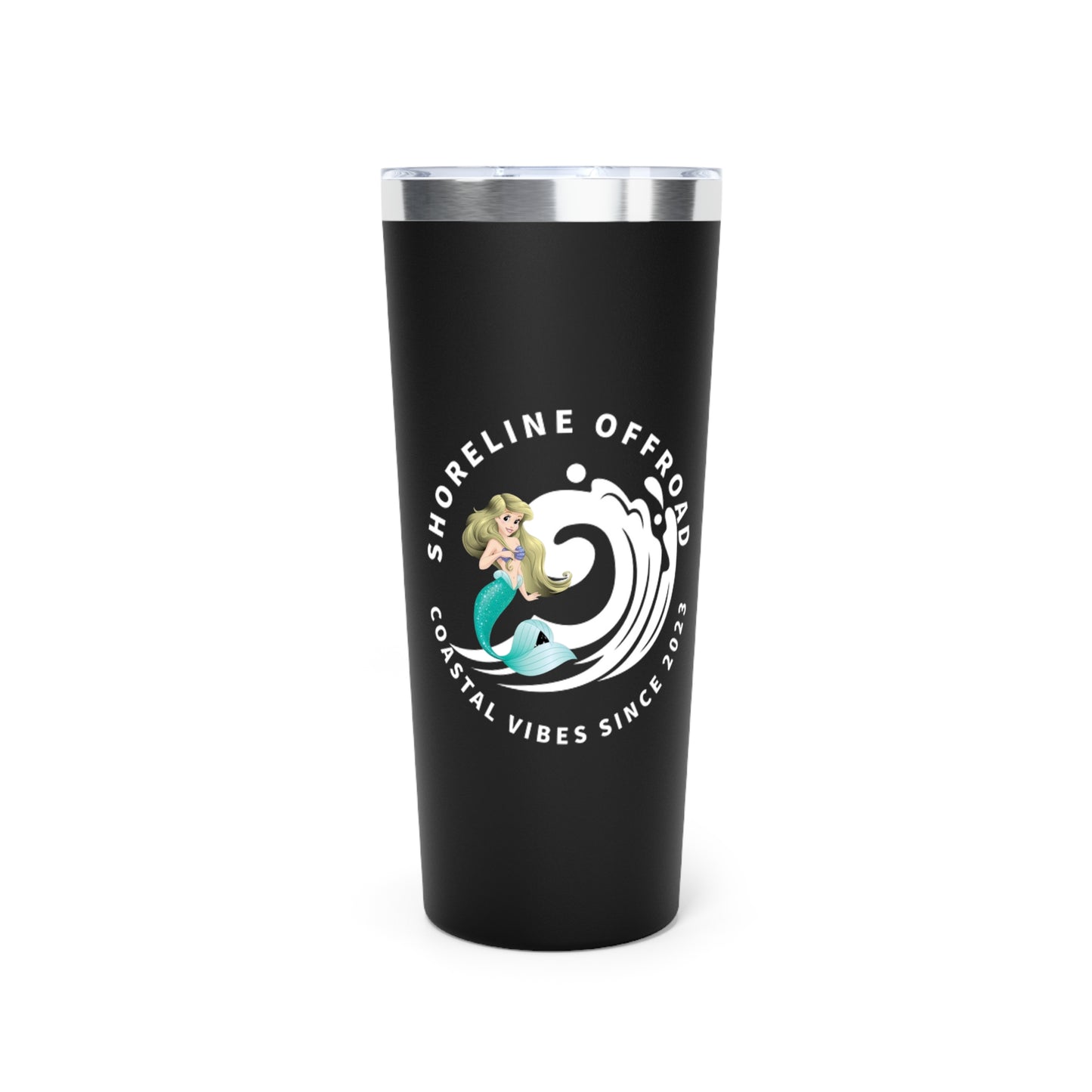 a black tumbler cup with a logo on it