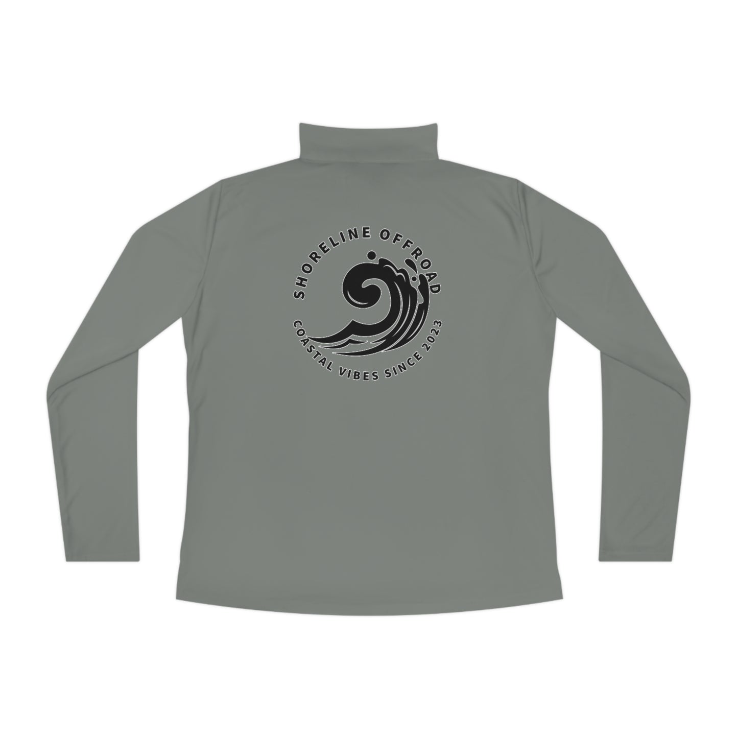 a grey shirt with a black and white logo on it