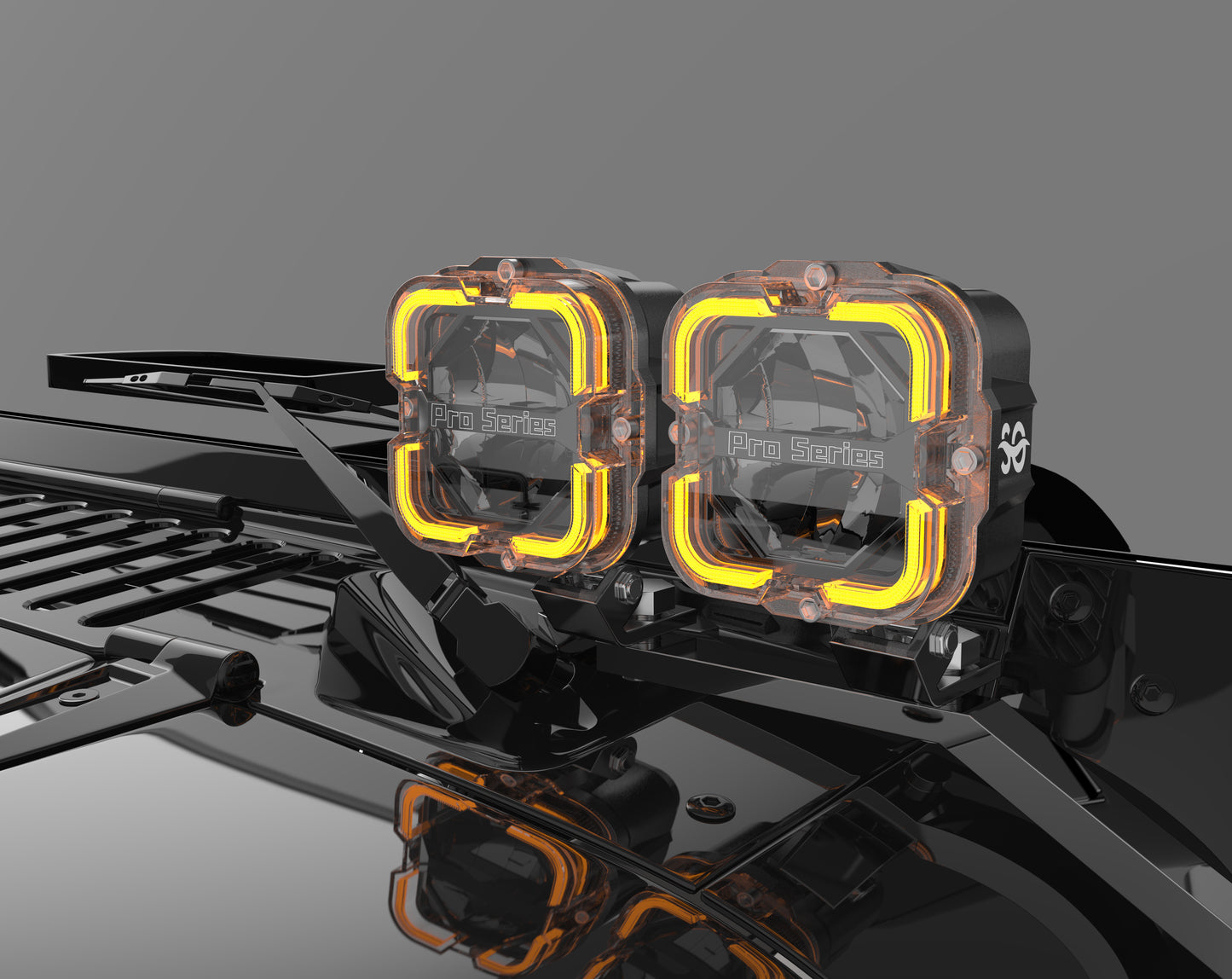 Shoreline Offroad Pro Series Bright White LED 4” Pods with Amber DRL showcasing two powerful pod lights with amber daytime running lights prominently installed on a vehicle, ideal for offroad adventures. These Bright white lighting accessories are perfect as ditch lights and rock lights, enhancing visibility with their impressive illumination features.