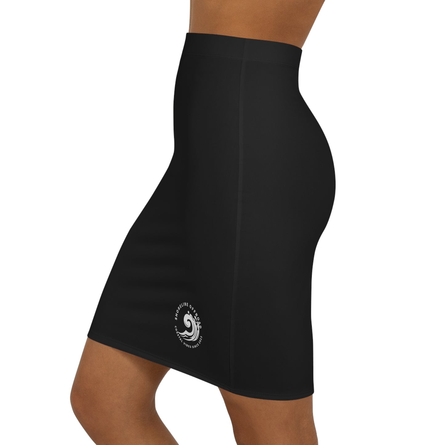 a woman wearing a black skirt with a white logo on the side