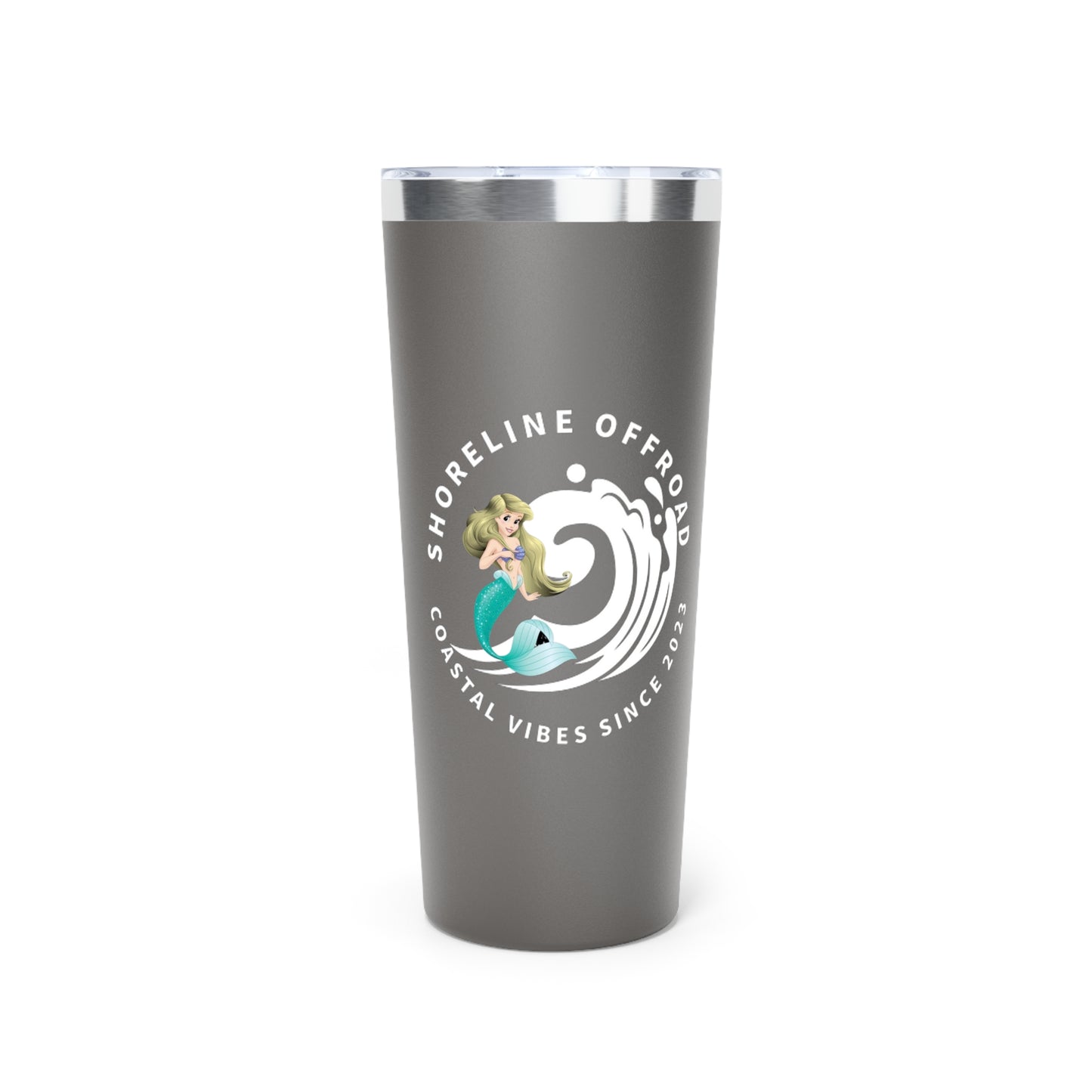 a stainless steel travel mug with a mermaid on it