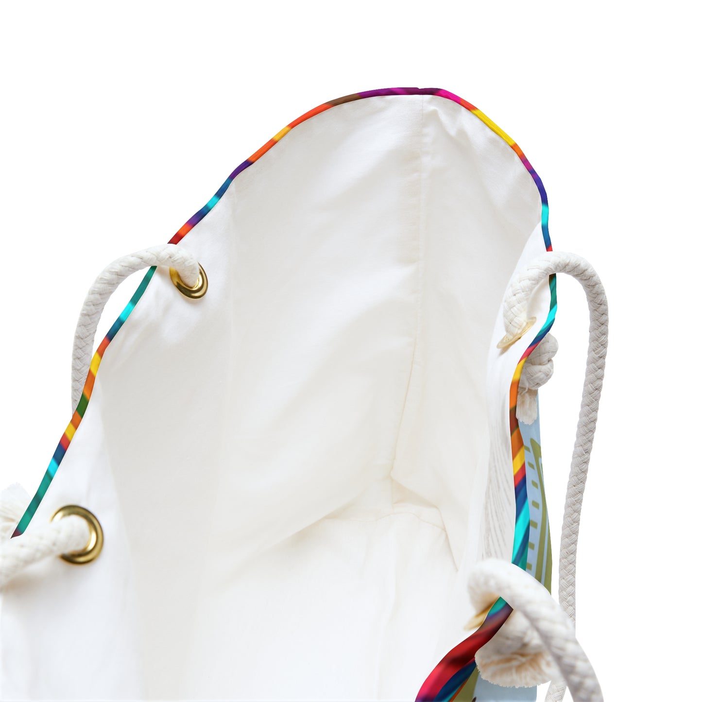 a white handbag with a multicolored handle
