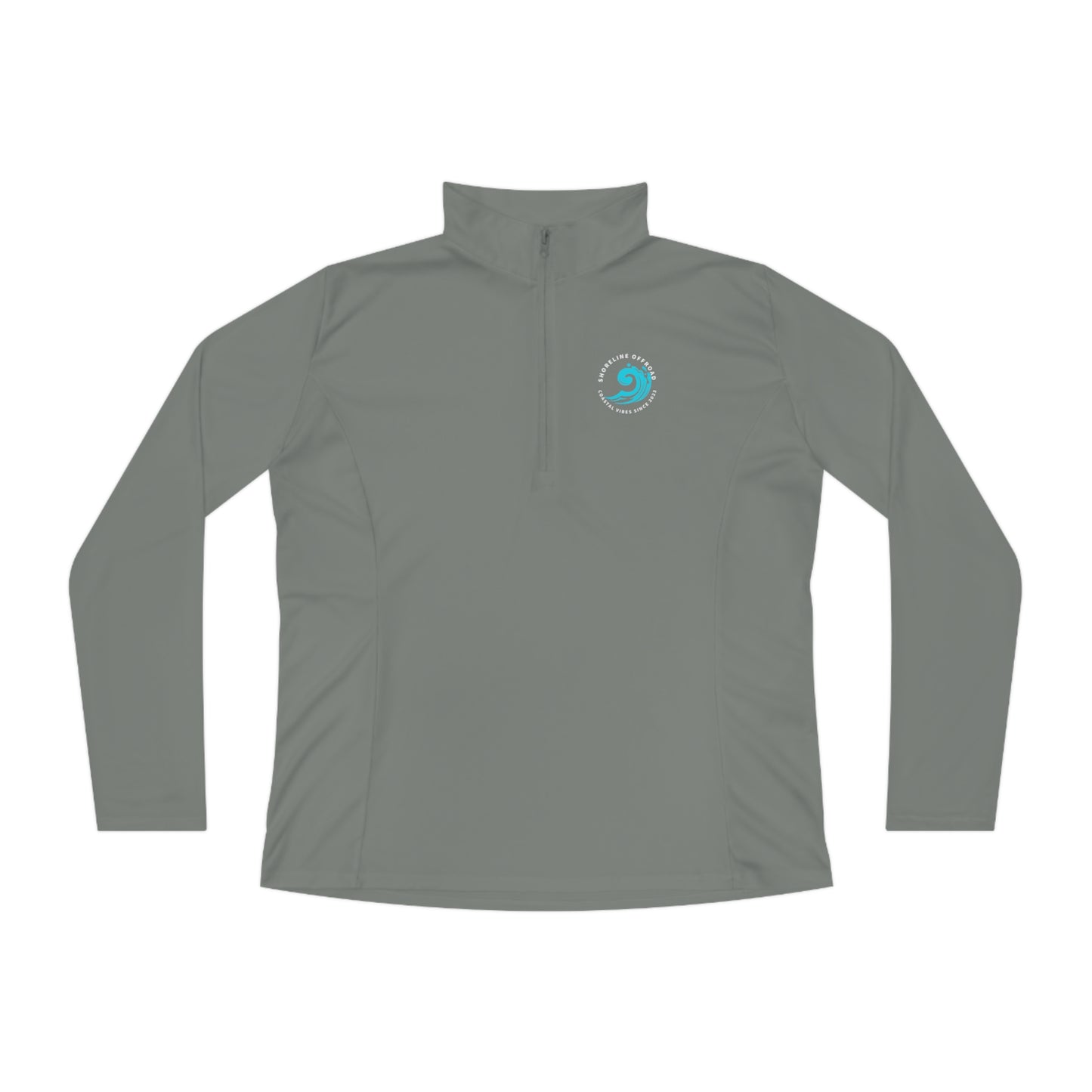 a gray shirt with a blue and white logo on it