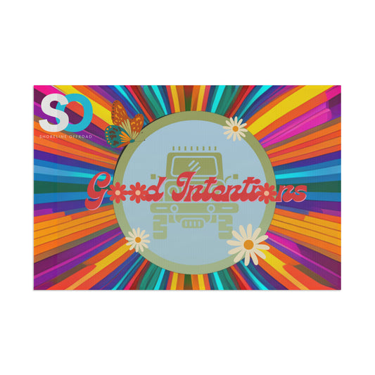 a colorful business card with a bus and flowers