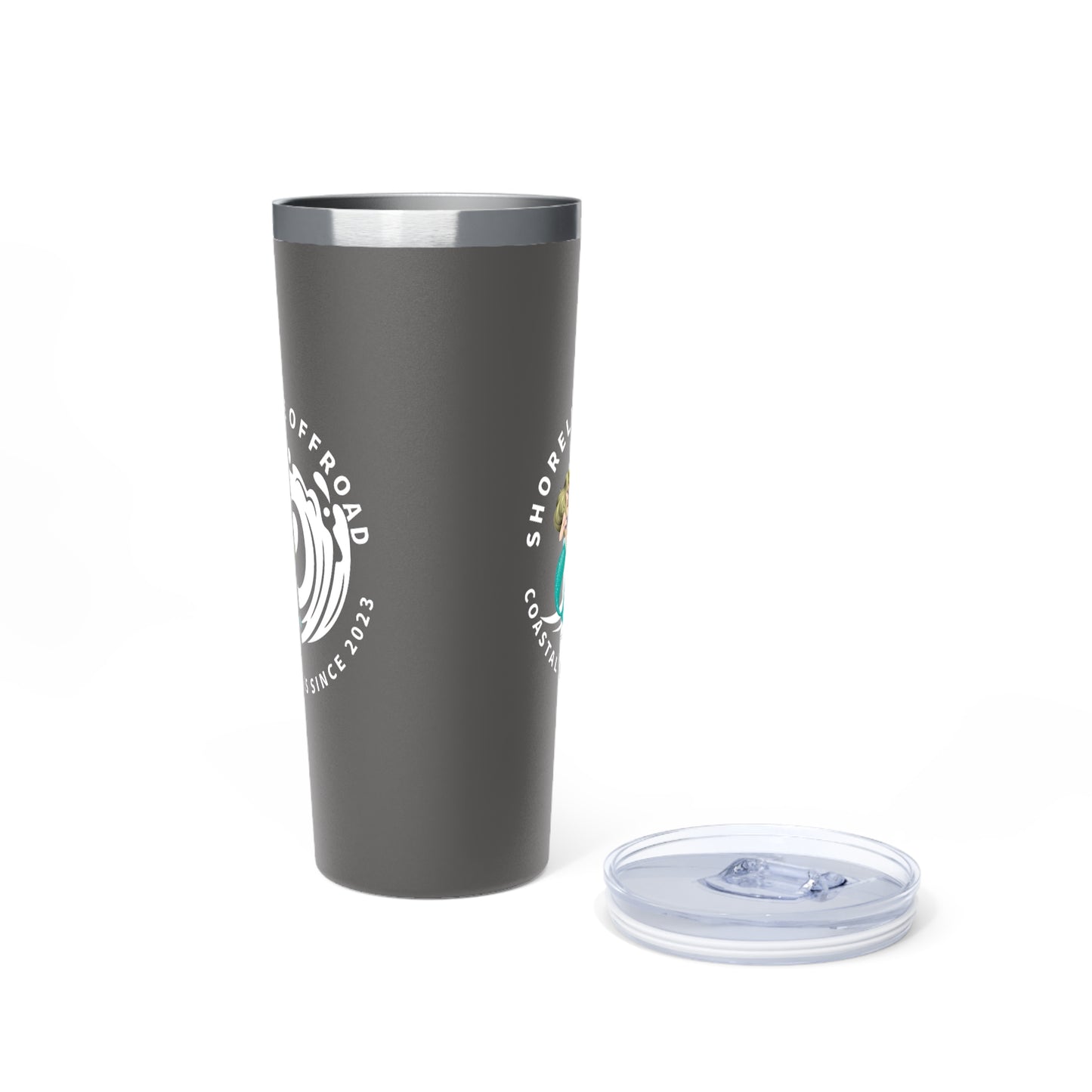 a gray tumbler cup with a lid next to it