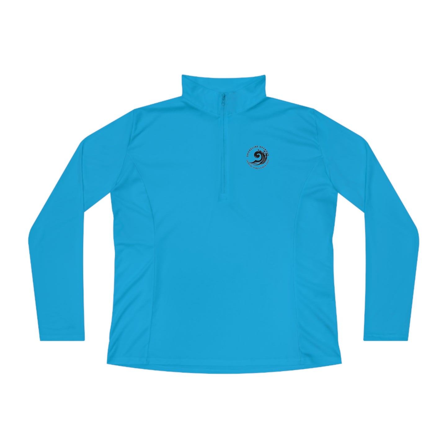 a blue shirt with a black and white logo on it